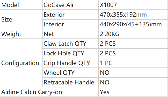 Parameters of Large Carry Case_X1007 Paramètres du grand étui de transport_X1007